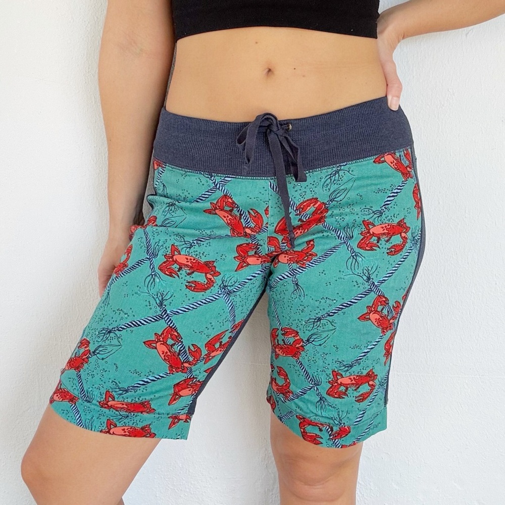Nilla Shields blue red crab print cotton drawstring waist Bermuda shorts small